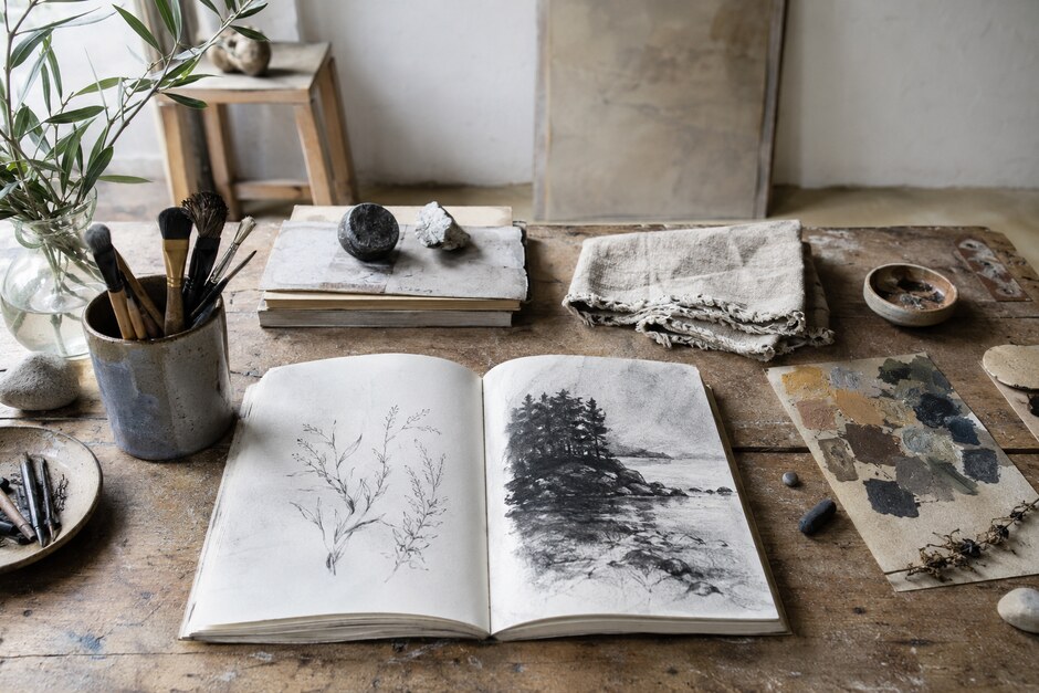 An artist workbench with charcoal studies, natural objects, brushes, linen, and restrained colour swatches.