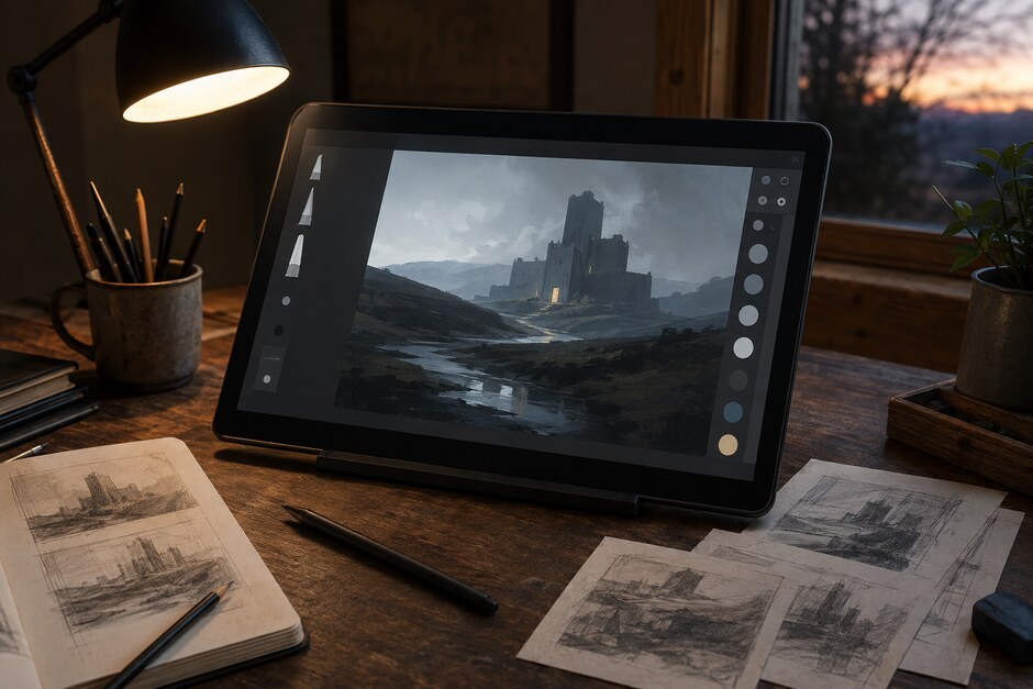 A digital landscape study on a tablet with simple brush controls and hand-drawn composition thumbnails.
