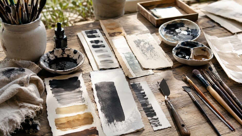 A studio bench with paper samples, ink tests, mixing dishes, brushes, and a palette knife.