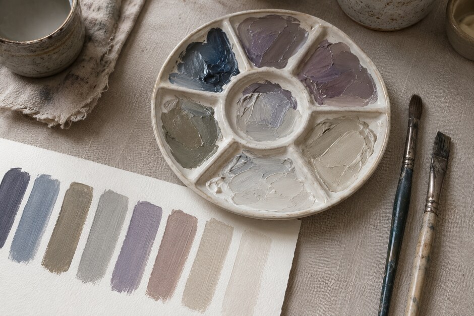 A ceramic palette and painted swatches showing a family of subtle chromatic neutrals.