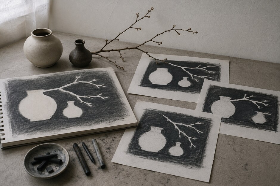 Charcoal studies that describe the negative shapes around two vessels and a branch.
