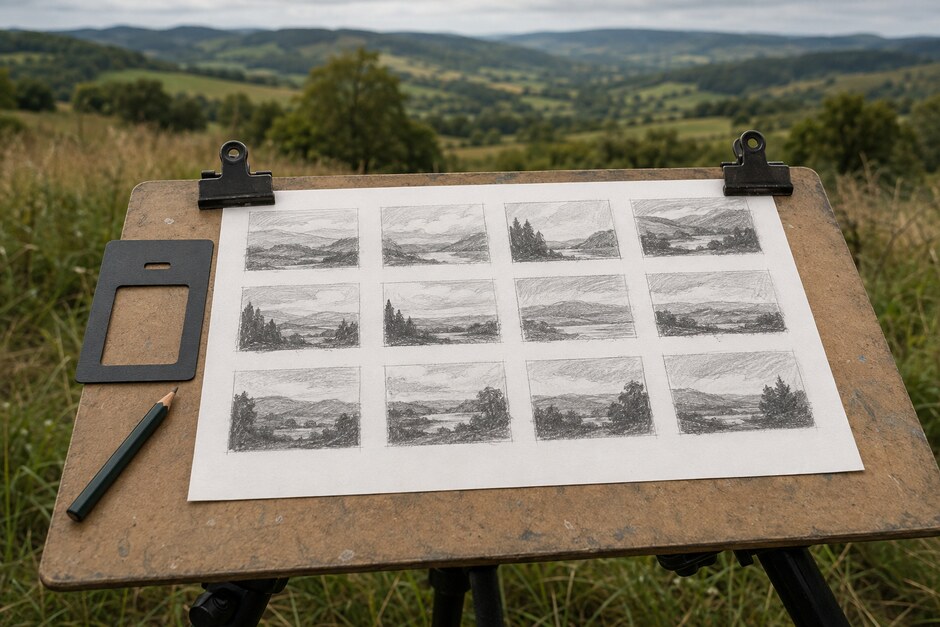 Twelve small graphite landscape thumbnails on a drawing board overlooking distant hills.