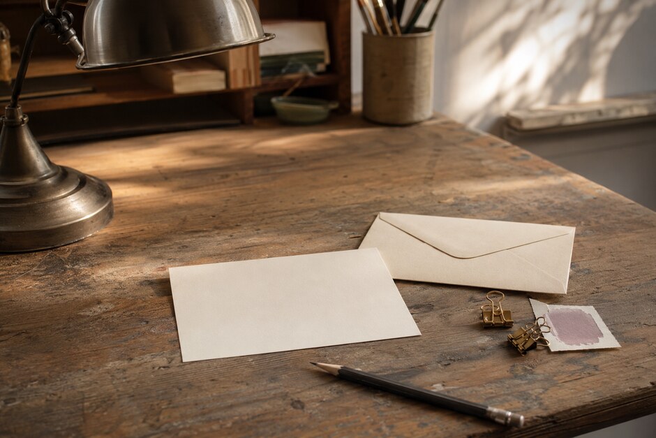 A blank note card and envelope on a warmly lit studio writing desk.