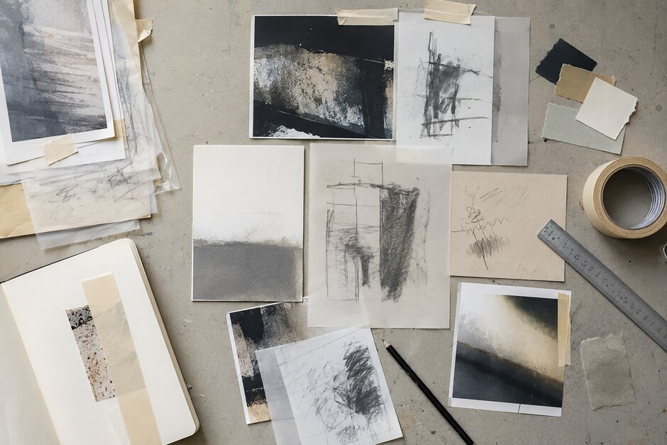 An overhead studio table with layered abstract studies, tracing paper, colour chips, graphite, and tape.