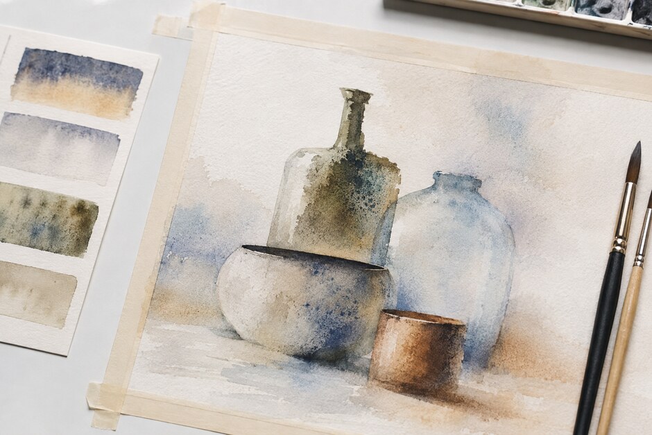 An atmospheric watercolour still life demonstrating crisp, soft, and disappearing edges.